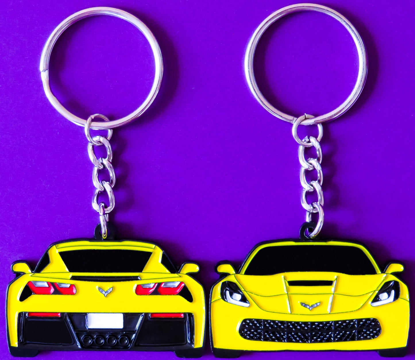 Yellow Chevrolet Chevy C7 Corvette Stingray Z06 ZR1 Keychain Gift For Car Enthusiasts, Car Guys, Gearheads, Father, Dad, Mother, Mom, Boyfriend, Him, Girlfriend, Her, and more. American muscle car enamel pin patch unique gift idea. Jet tag key ring that fits on a key fob cover for Chevy owners and fans.