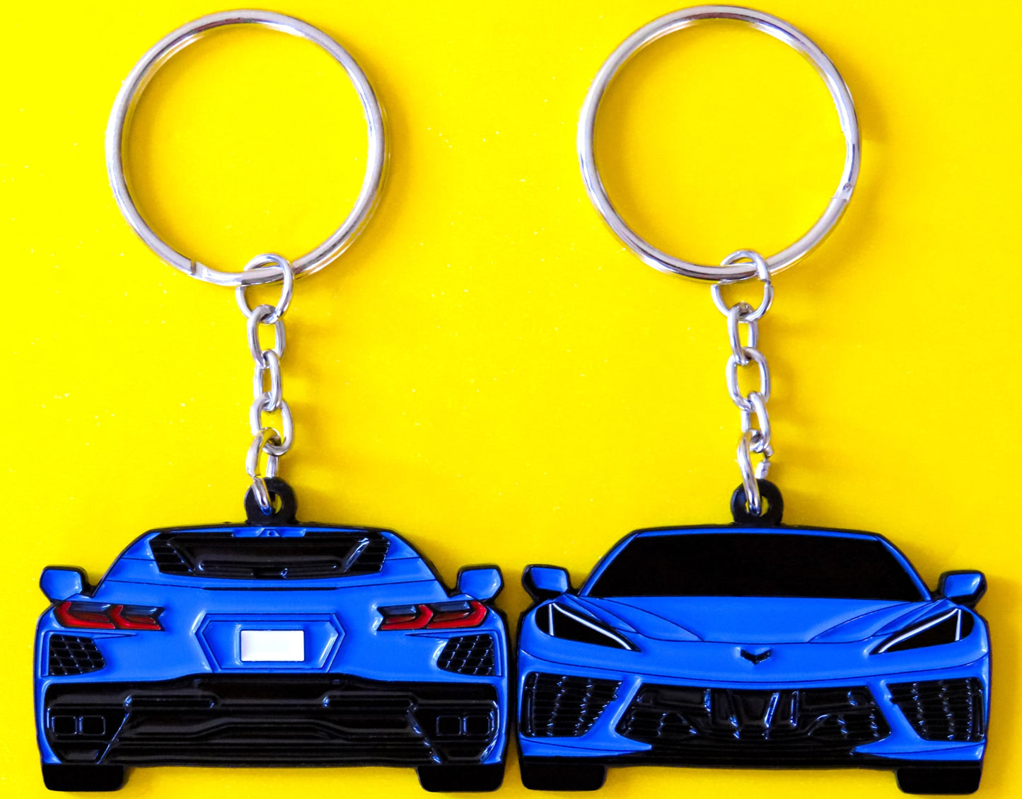 Blue Chevrolet Chevy C8 Corvette Stingray Z06 ZR1 Keychain Gift For Car Enthusiasts, Car Guys, Gearheads, Father, Dad, Mother, Mom, Boyfriend, Him, Girlfriend, Her, and more. American muscle car enamel pin patch unique gift idea. Jet tag key ring that fits on a key fob cover for Chevy owners and fans
