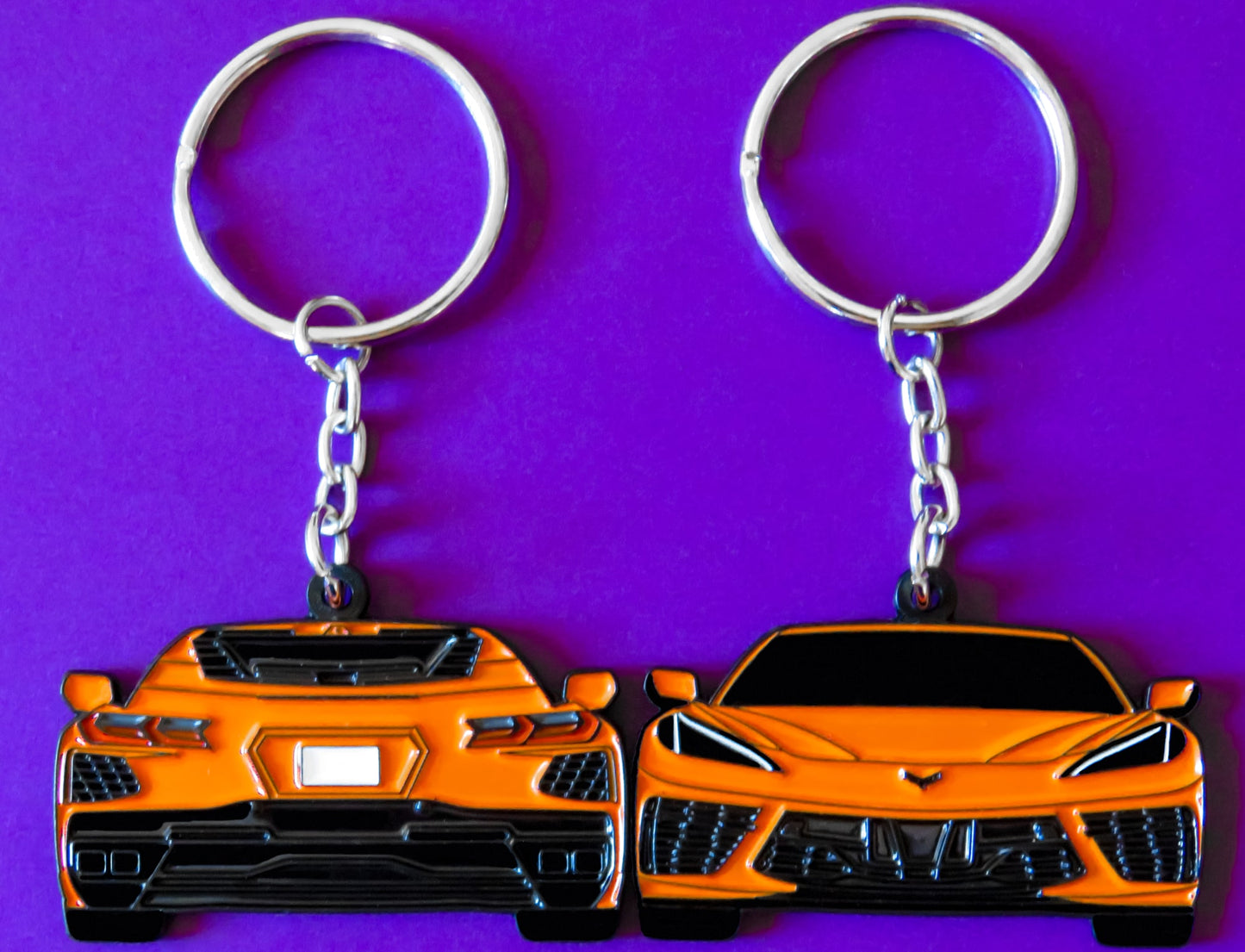 Orange Chevrolet Chevy C8 Corvette Stingray Z06 ZR1 Keychain Gift For Car Enthusiasts, Car Guys, Gearheads, Father, Dad, Mother, Mom, Boyfriend, Him, Girlfriend, Her, and more. American muscle car enamel pin patch unique gift idea. Jet tag key ring that fits on a key fob cover for Chevy owners and fans