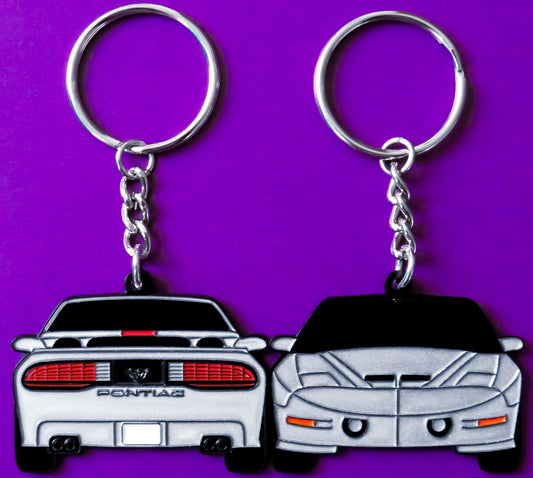 Silver Pontiac Trans Am WS6 Formula Firebird Keychain Gift For Car Enthusiasts, Car Guys, Gearheads, Father, Dad, Mother, Mom, Boyfriend, Him, Girlfriend, Her, and more. American muscle car enamel pin patch unique gift idea. Jet tag key ring for Pontiac owners and fans. 1993, 1994, 1995, 1996, and 1997