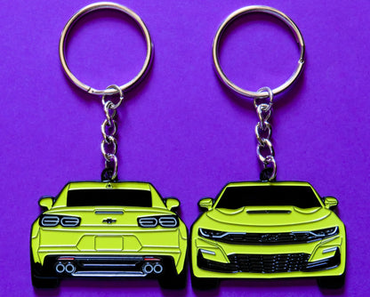 Enamel Keychain Pin Patch Lanyard that fits on a key fob cover For 2020 2021 2022 2023 2024 yellow Chevy Camaro SS RS ZL1 1LE Sixth Generation 6th Gen American muscle car accessories, jet tag, key ring gift ideas for car guys, car enthusiasts, gearheads, father, mother, dad, mom, him, her, boyfriend, girlfriend and more.